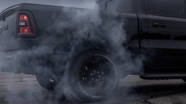 A Ram truck does a burnout