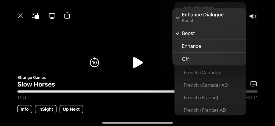 iOS 18 TV app with the Enhance Dialogue options visible.
