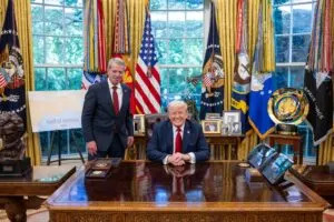  Nebraska Gov. Jim Pillen posing with President Donald Trump in the White House Oval Office. April 30, 2025. (Courtesy of Gov. Jim Pillen)