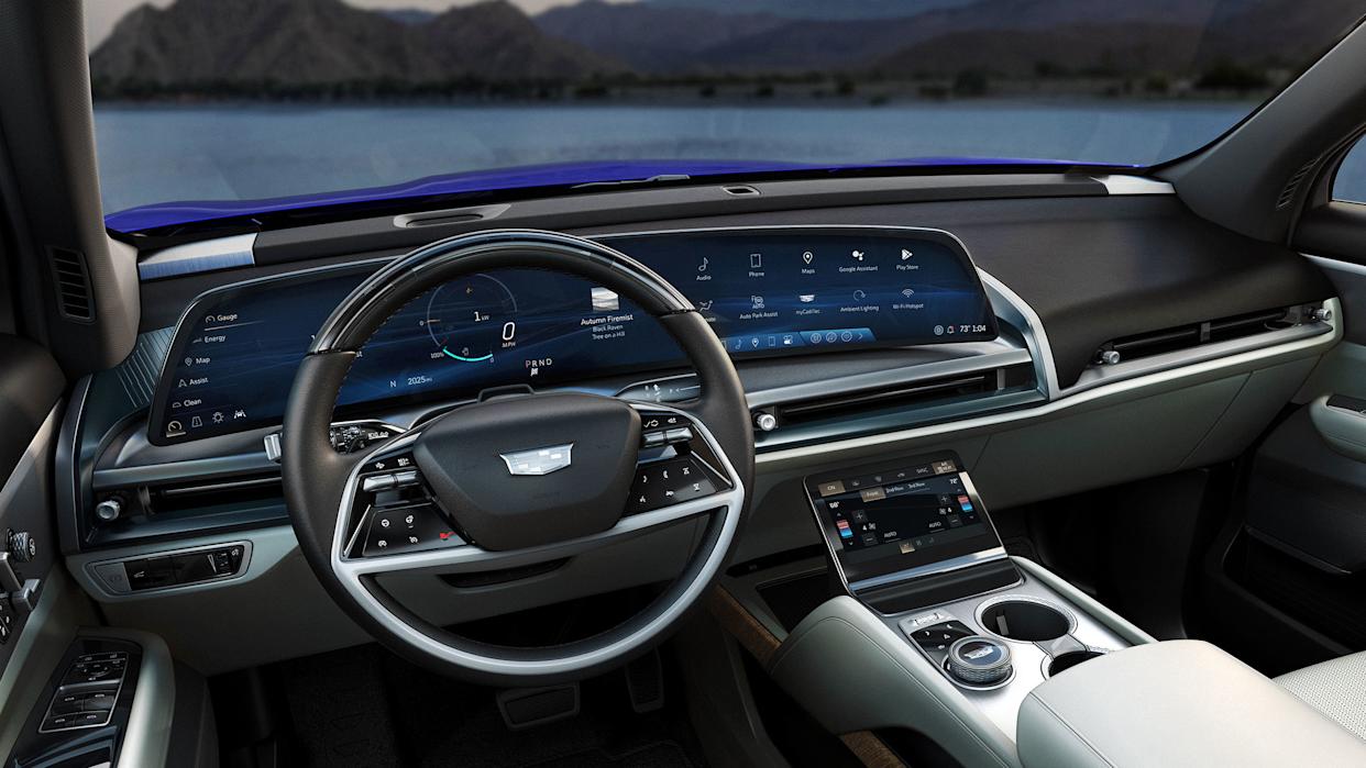 The 2026 Cadillac VISTIQ interior with standard Super Cruise hands-free driver assistance technology and a 33&#x00201d; diagonal interface and display with 9K resolution. Shown in Sky Cool Gray.
