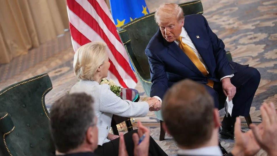 President Donald Trump shakes hands with European Commission President Ursula von der Leyen in Turnberry, Scotland, on July 27. - Andrew Harnik/Getty Images