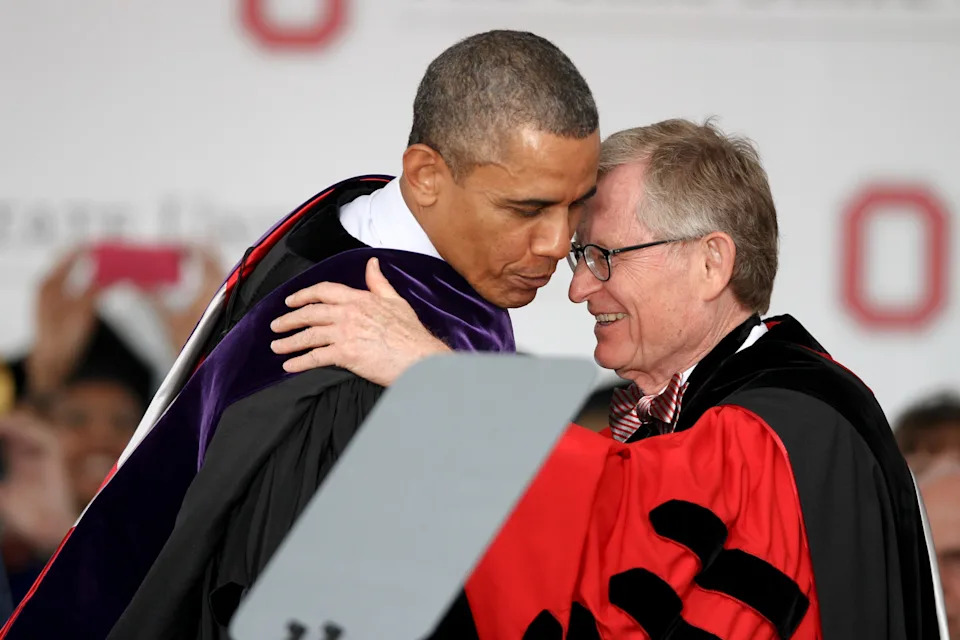 President Barack H. Obama is congratulated by OSU President Gordon Gee after receiving his honorary Doctorate of Laws Sunday morning, May 5, 2013.