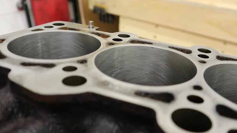 A view inside engine cylinders showing crosshatch pattern