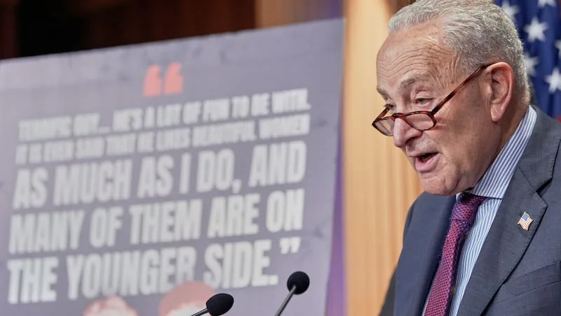 Sen. Minority Leader Chuck Schumer, D-N.Y., speaks about the Epstein files, Wednesday, July 30, 2025, at the Capitol in Washington.