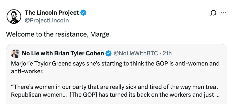 Tweet criticizing Marjorie Taylor Greene's comments about the GOP being anti-women and anti-worker, featuring an elephant symbol with stars