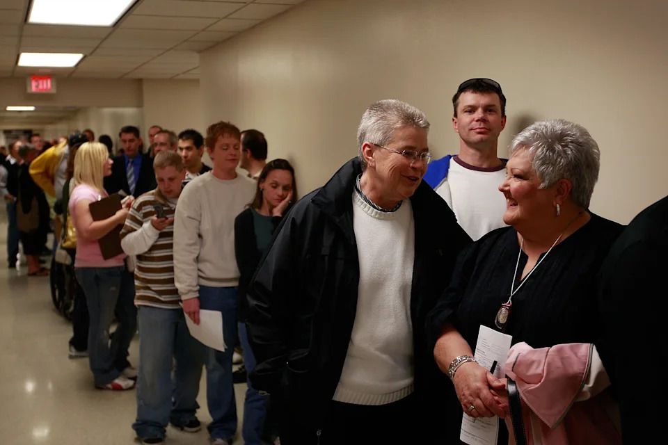 Scott Olson/Getty Images - PHOTO: Gay couples wait in line to request a marriage license at the Polk County Administration Building April 27, 2009 in Des Moines, Iowa.