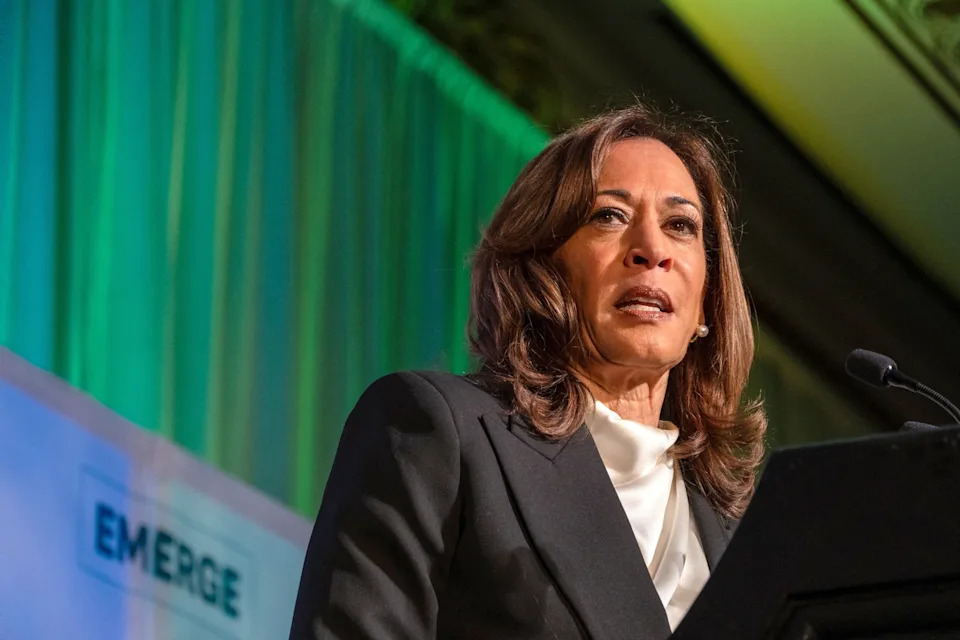 Camille Cohen/AFP via Getty Images - PHOTO: Kamala Harris speaks at the Emerge 20th Anniversary Gala in San Francisco, California, on April 30, 2025.