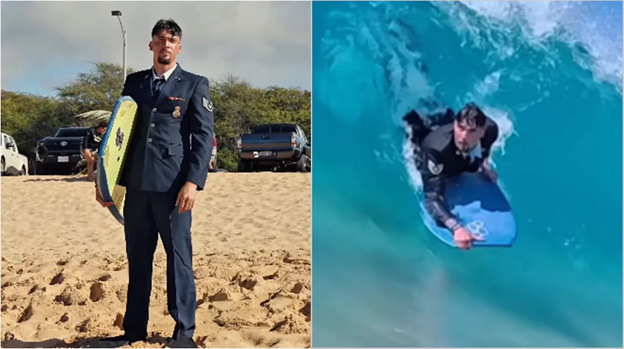 A Hawaii airman hit the surf in dress blues on his first day out of the Air Force