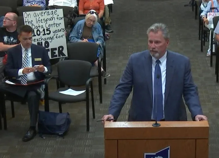 Christopher Muirhead with Modrall Sperling Law Firm at the Aug. 26, 2025 Dona Ana County Board of County Commissioners meeting. Muirhead informed Commissioners about the proposed structure of an industrial revenue bond to finance an AI data center in Dona Ana County.