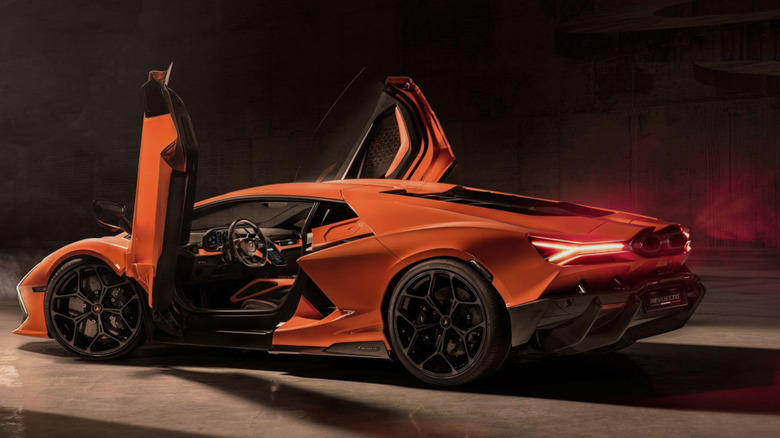 A Lamborghini Revuelto preparing for the revolution with its scissor doors