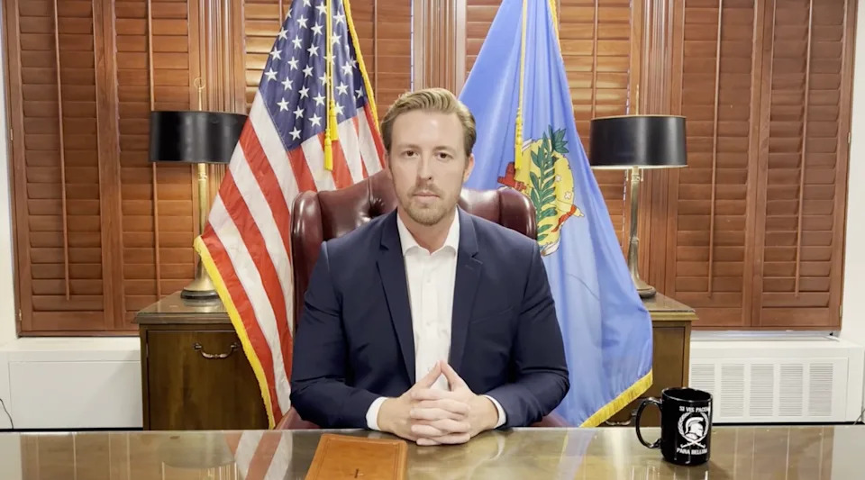 Naked women allegedly popped up on a TV screen during a meeting in the office of Oklahoma state Superintendent Ryan Walters, who has tried to ban books in school libraries that contain sexual content, which he deemed as ‘pornographic’ (Oklahoma State Department of Education)