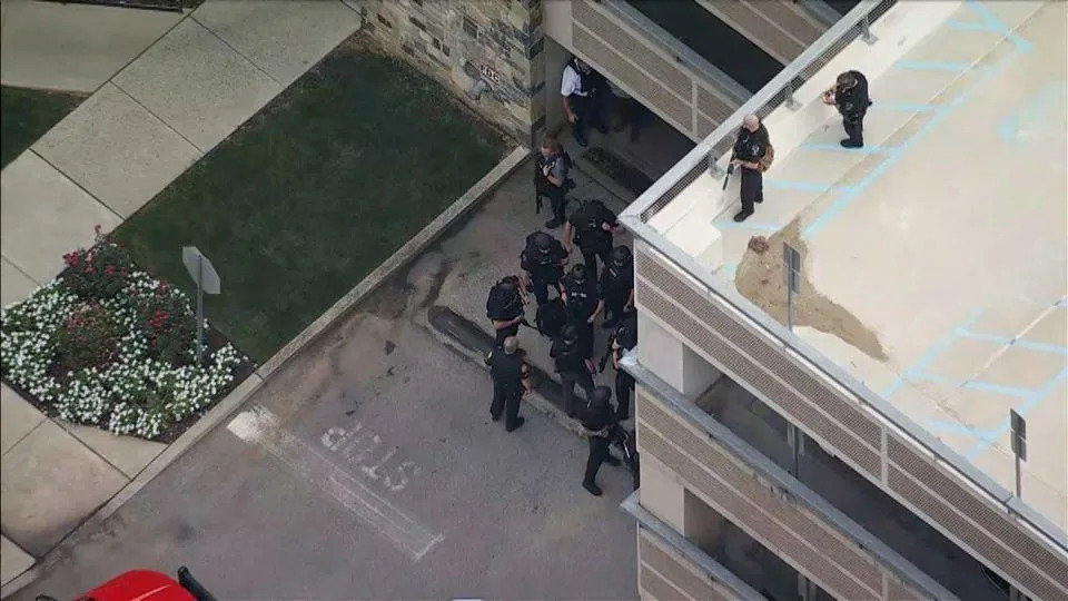 Aerial view of Villanova University as police sweep through the campus. - WPVI