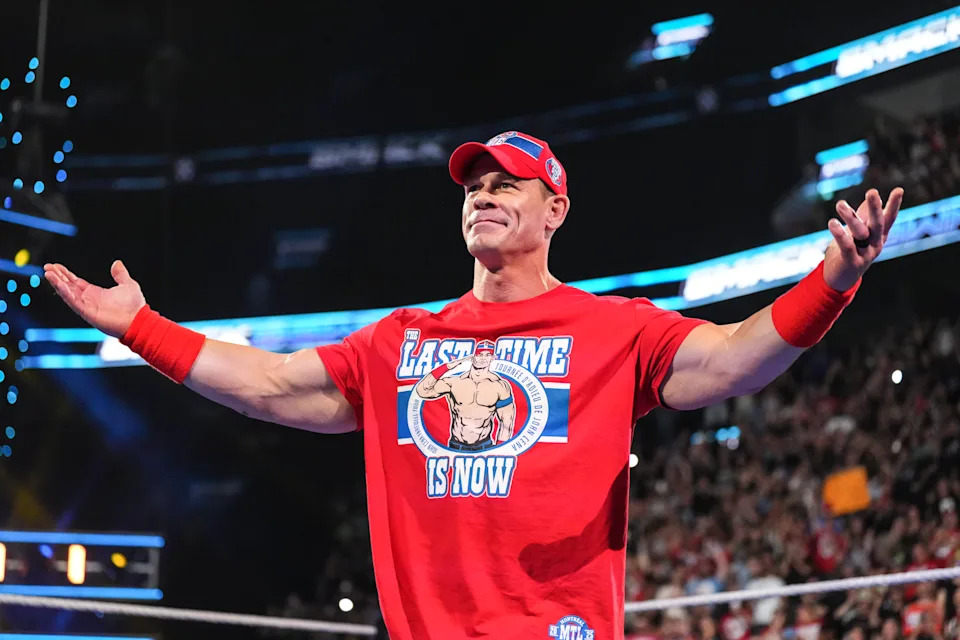 MONTREAL, CANADA - AUGUST 8: John Cena acknowledges the crowd during SmackDown at Bell Centre on August 8, 2025 in Montreal, Canada. (Photo by Michael Owens/WWE via Getty Images)
