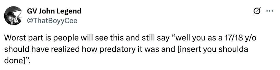 A tweet discusses how people might criticize a 17/18-year-old for not recognizing predatory behavior