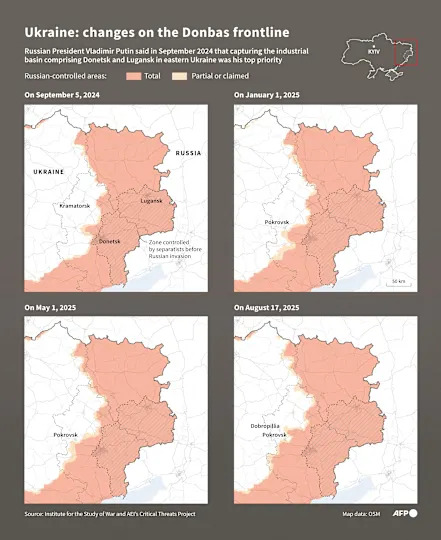 Four maps show Russian-controlled areas in Ukraine's Donbas region on four days between Sept. 5, 2024 and Aug. 17, 2025, according to data from the Institute for the Study of War and AEI's Critical Threats Project. / Credit: Graphic by Clea Peculier, Paz Pizarro/AFP via Getty Images