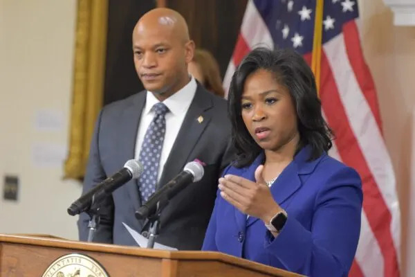 Maryland Department of the Environment Secretary Serena McIlwain during a Feb. 2024 climate change news conference with Gov. Wes Moore (D). (Photo by Bryan P. Sears/Maryland Matters)