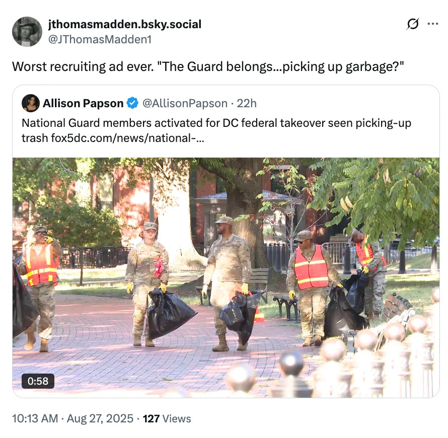 Tweet criticizing a National Guard ad shows soldiers picking up trash, suggesting misuse of their role