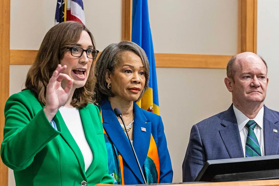 Rep. Sarah McBride, Sen. Lisa Blunt Rochester and Sen. Chris Coons speak about the impact of Medicaid cuts at a March 17, 2025, press conference.