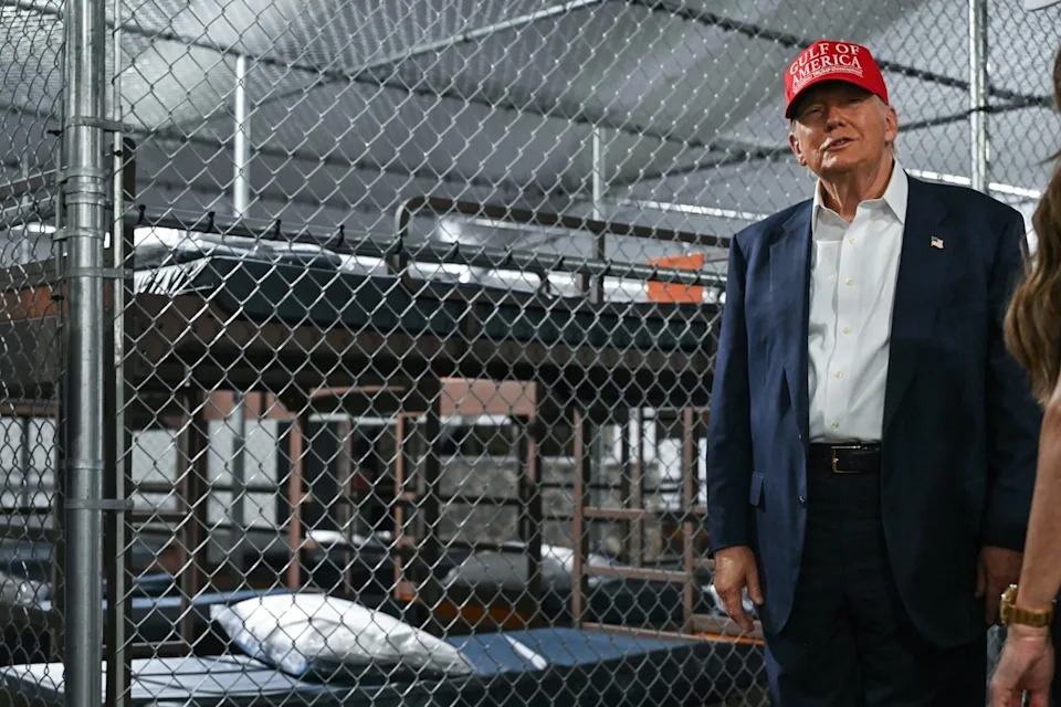 US President President Donald Trump tours a migrant detention center, dubbed "Alligator Alcatraz," located at the site of the Dade-Collier Training and Transition Airport in Ochopee, Florida on July 1, 2025. (ANDREW CABALLERO-REYNOLDS / AFP)