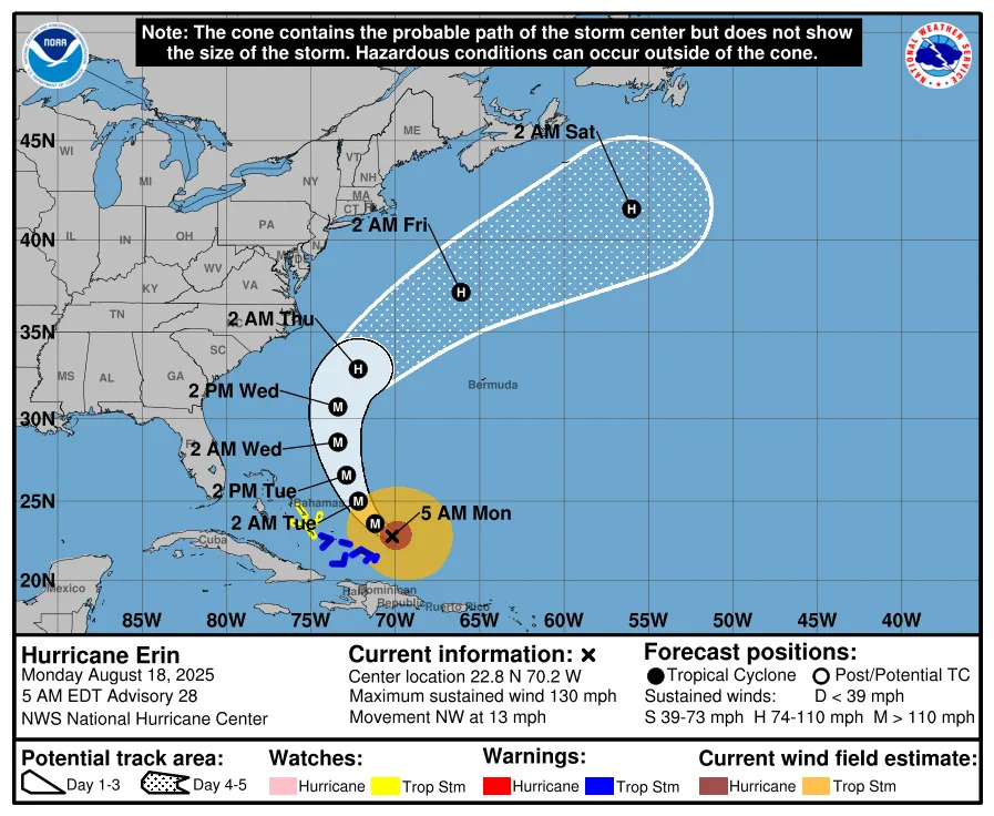 Projected path for Hurricane Erin 5 a.m. Aug. 18, 2025.