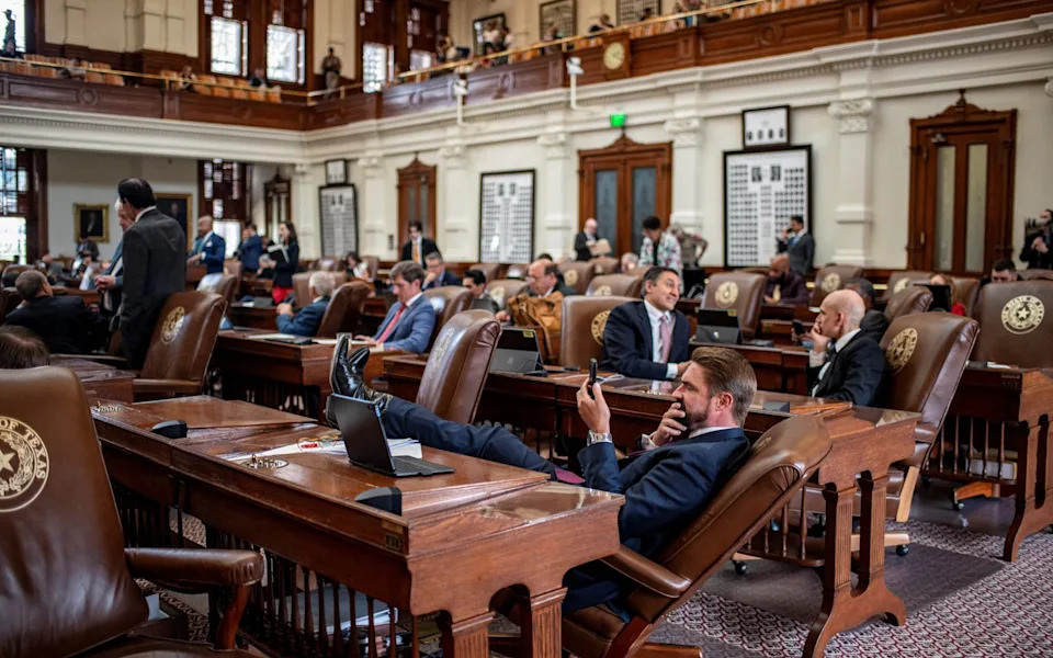 Republican Texas Representative Jeff Leach sits during a session at the Texas state capitol on Wednesday