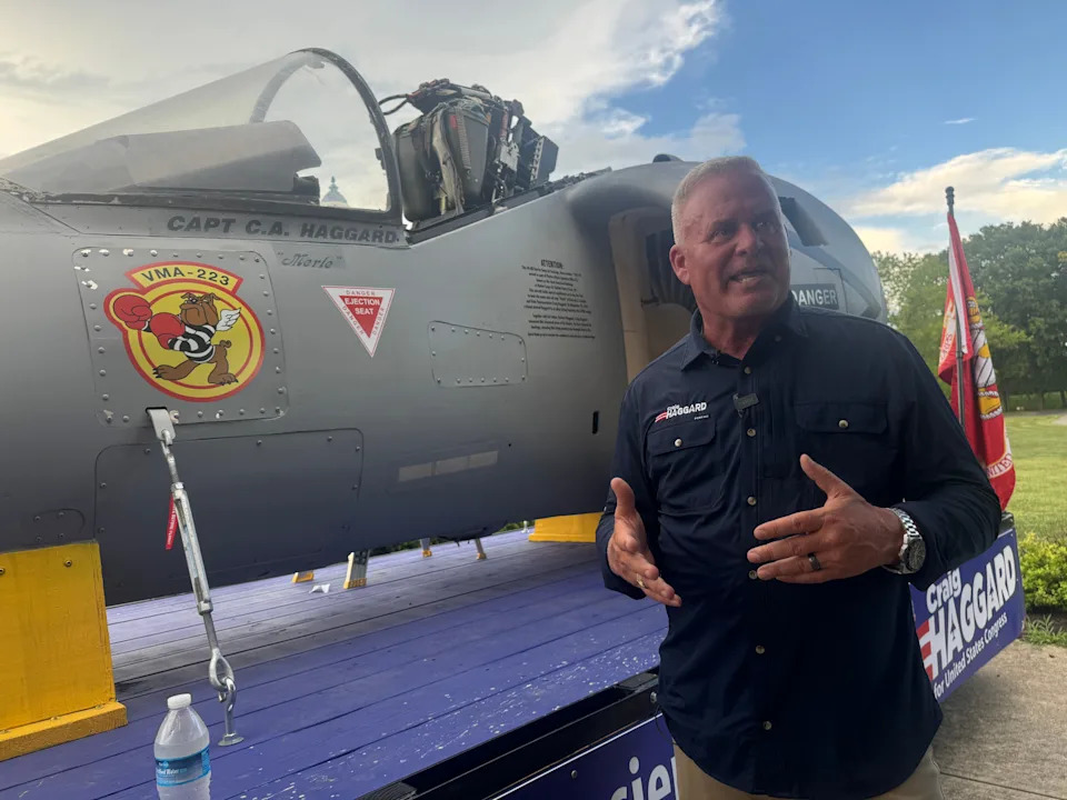 State Rep. Craig Haggard, R-Mooresville, launched his campaign to challenge U.S. Rep. Jim Baird in the 4th Congressional District by hosting a rally at Hummel Park in Plainfield on Aug. 12. Next to him is the AV-8B Harrier cockpit he flew in as a fighter pilot in the Marines.
