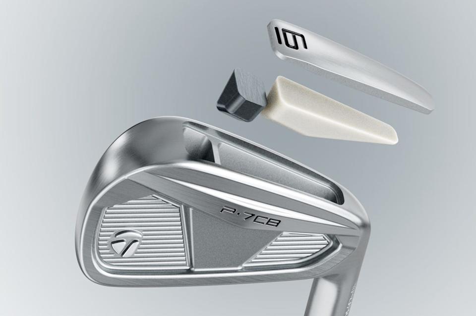 The P·7CB irons have a light metal asdf and a tungsten toe weight hidden under a steel sole plate. (TaylorMade)