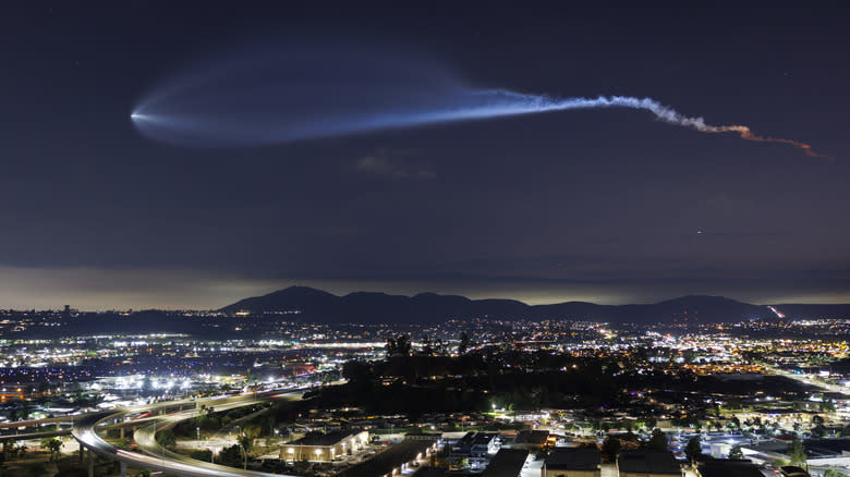 A SpaceX Falcon 9 rocket flies over California
