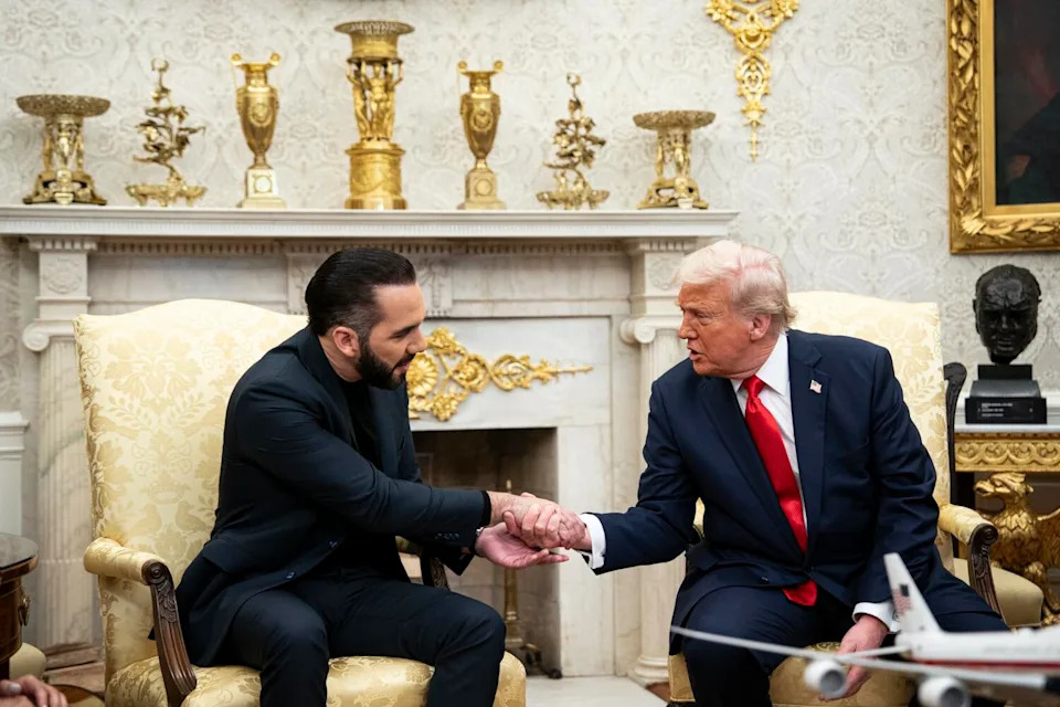 President Trump shakes hands with Nayib Bukele, the president of El Salvador.
