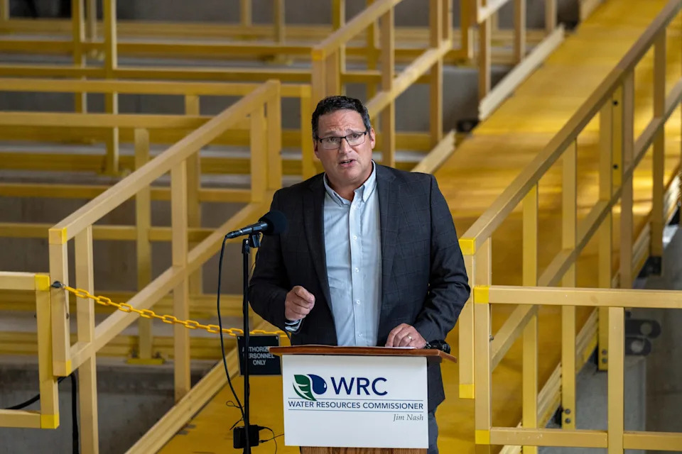 Dave Woodward, chair of the Oakland County Board of Commissioners, speaks to media members during a press conference inside the screening room at the George Kuhn Retention Treatment Basin in Madison Heights on Wednesday, Sept. 18, 2024.