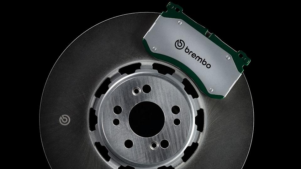 A Brembo brake disc with brake pads