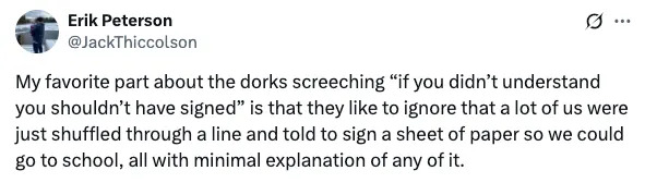 Tweet by Erik Peterson discusses frustration with being told "you shouldn't have signed" when offered minimal explanation for a document