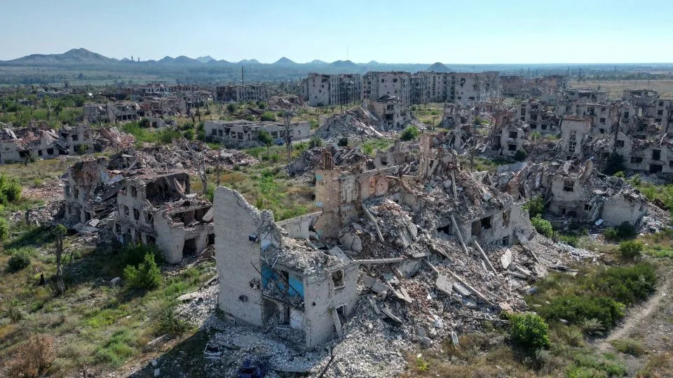 The abandoned town of Marinka, Ukraine, which was destroyed in the course of Russia-Ukraine conflict, is seen on August 7. - Alexander Ermochenko/Reuters