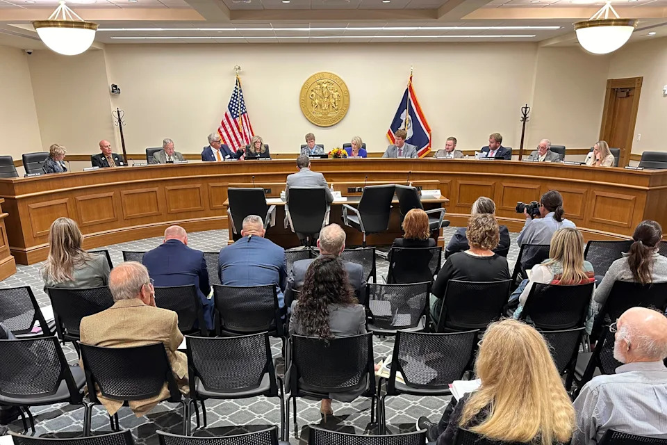 The Wyoming Legislature's Travel, Recreation, Wildlife and Cultural Resources Committee discusses changes to how the state allows predators such as wolves to be killed with vehicles Monday, Sept. 30, 2024, in Cheyenne. / Credit: Mead Gruver / AP