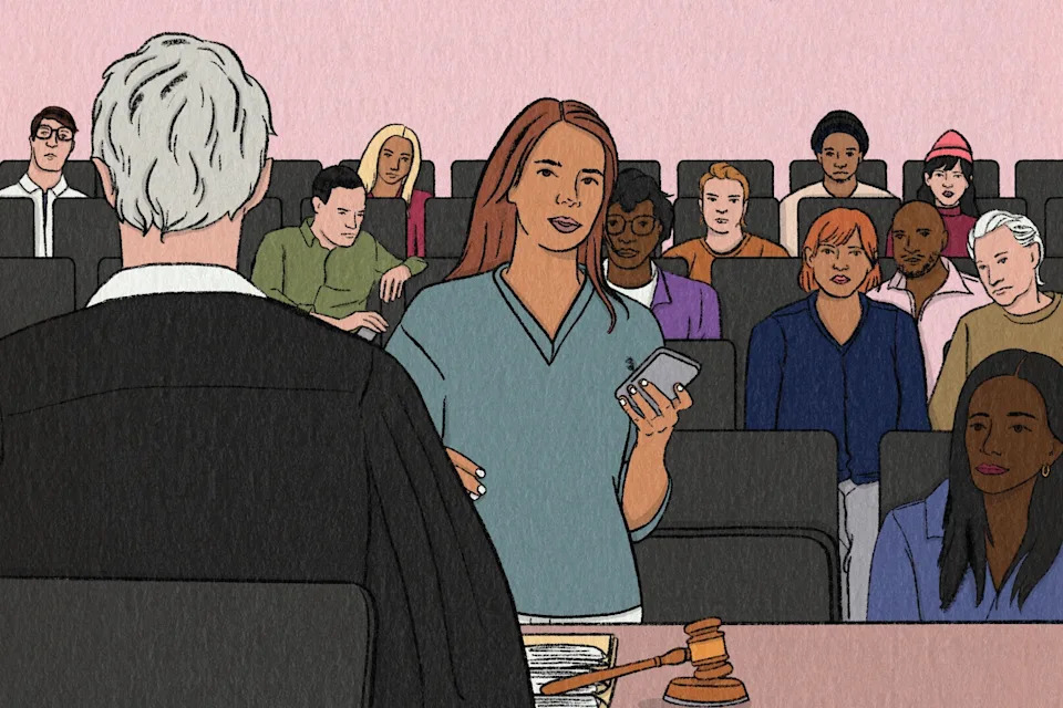 illustration showing a court hearing underway.