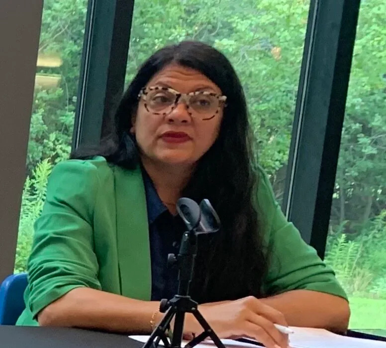  U.S. Rep. Rashida Tlaib (D-Detroit) hosts a town hall on tariff effects held at Madonna University’s Welcome Center,in Livonia. Aug. 14, 2025. | Photo by Leah Craig/Michigan Advance