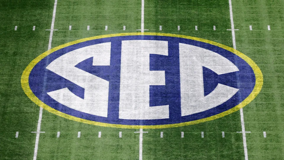 ATLANTA, GEORGIA - DECEMBER 7: A general view of the SEC logo at midfield prior to the 2024 SEC Championship between the Texas Longhorns and the Georgia Bulldogs at Mercedes-Benz Stadium on December 7, 2024 in Atlanta, Georgia. (Photo by Todd Kirkland/Getty Images)