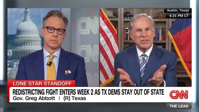 Split-screen image of a news broadcast with two men discussing Texas redistricting. A caption reads: "Redistricting fight enters week 2 as TX Dems stay out of state."