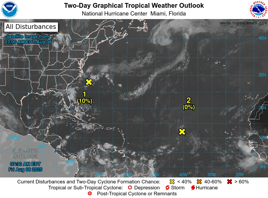 Satellite view of tropical conditions, including Invest 96L, 8 a.m. Aug. 8, 2025.