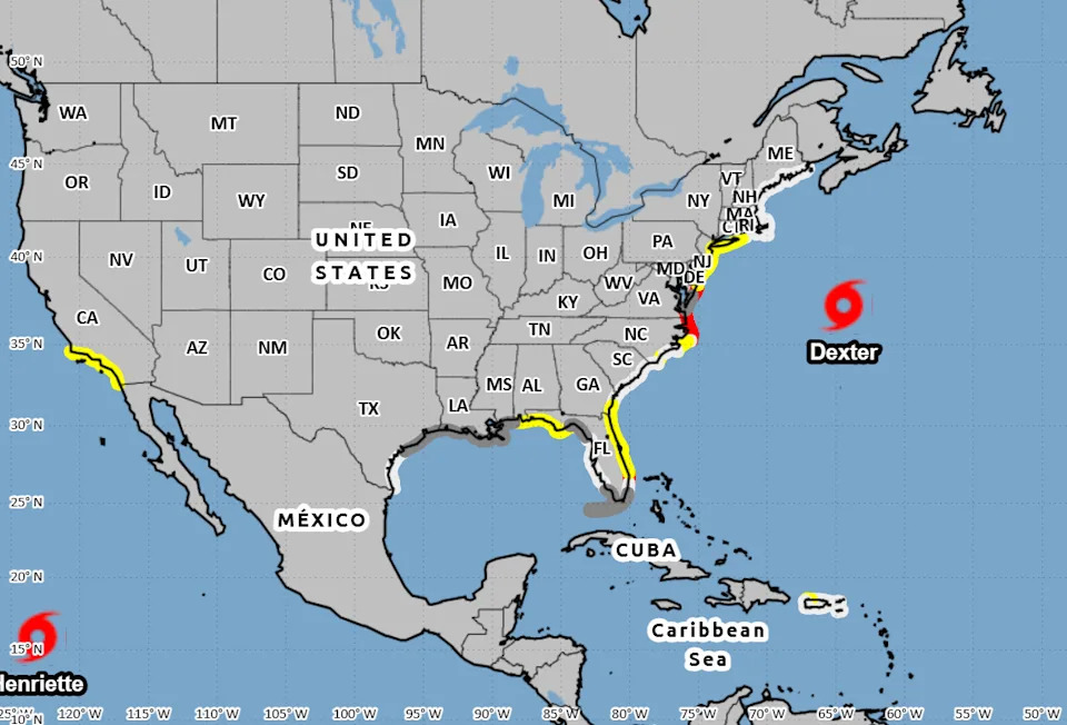 Rip currents along the U.S. east coast are possible as Tropical Storm Dexter moves farther into the Atlantic.