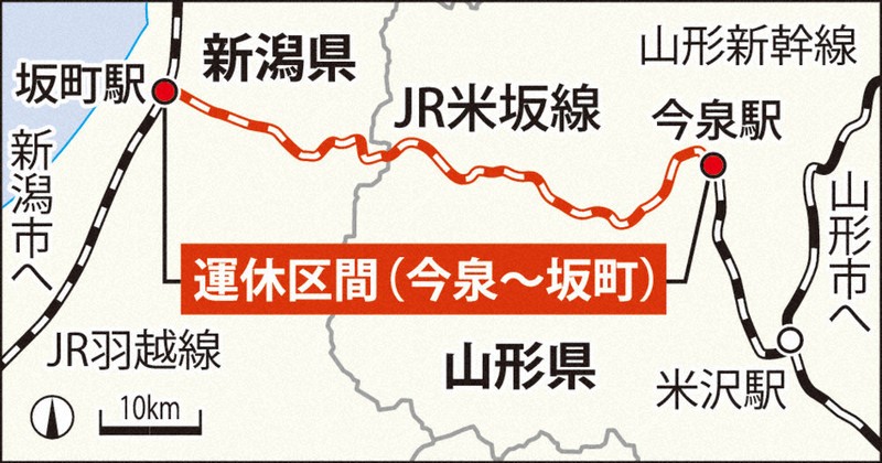 JR米坂線の運休区間（今泉～坂町）