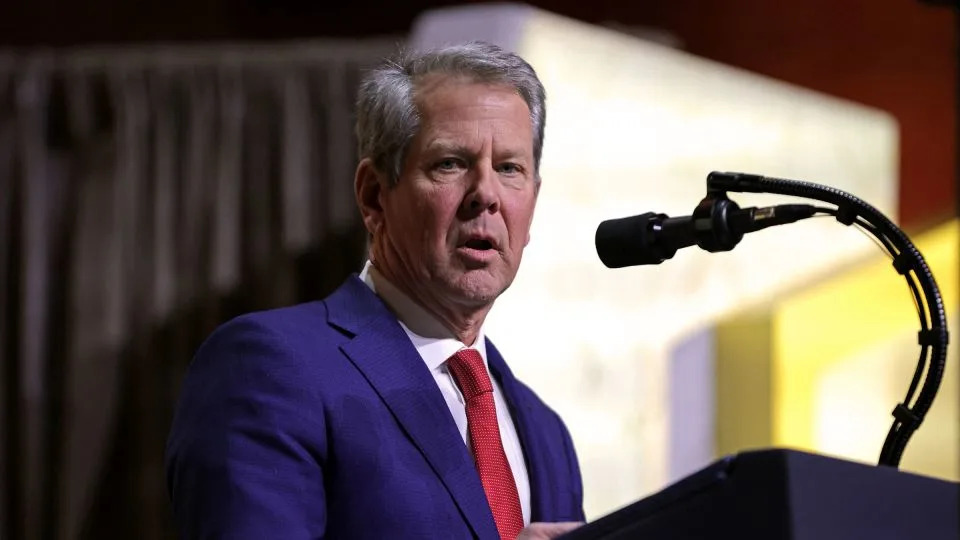 Brian Kemp, governor of Georgia, speaks during a meeting of the Republican Governors Association at the National Building Museum in Washington, DC, on February 20, 2025. - Samuel Corum/AFP/Getty Images