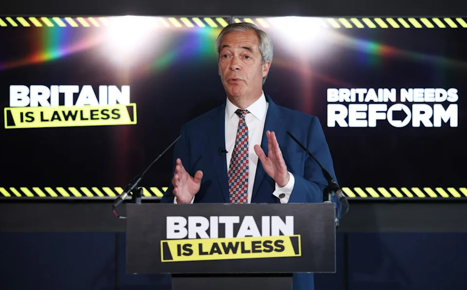Nigel Farage, the Reform UK leader, holds a press conference in Westminster on Monday morning