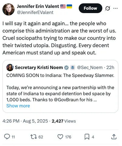 Tweet by Jennifer Erin Valent criticizing a prison expansion plan in Indiana, calling it a cruel act by sociopaths. The tweet received 2,427 views