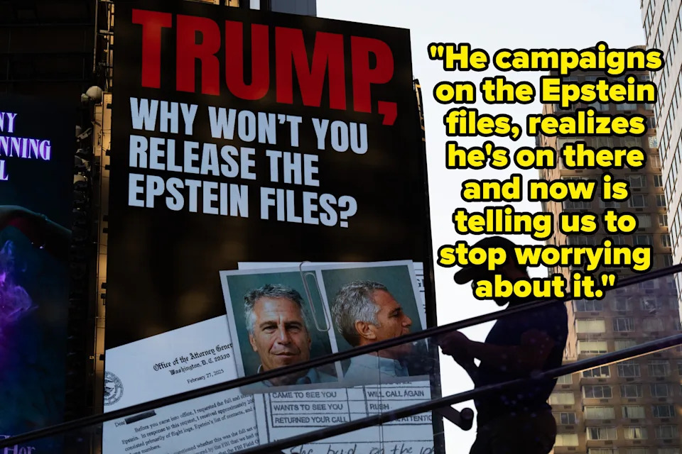 A billboard in Times Square calls for the release of the Epstein files on July 23, 2025 in New York City
