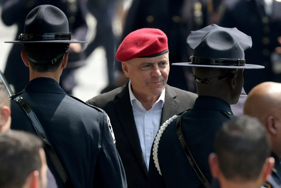 Curtis Sliwa arrives for the funeral services for New York City Police Department (NYPD) officer Didarul Islam in the Bronx borough of New York City on July 31, 2025.