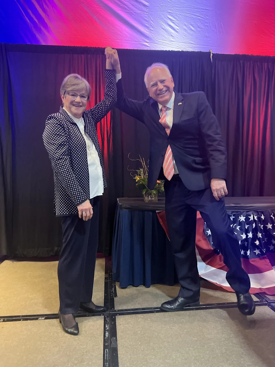 Kansas Gov. Laura Kelly and Minnesota Gov. Tim Walz pose for a photo in March when Walz visited Kansas to deliver the keynote address at the Kansas Democratic Party's convention.