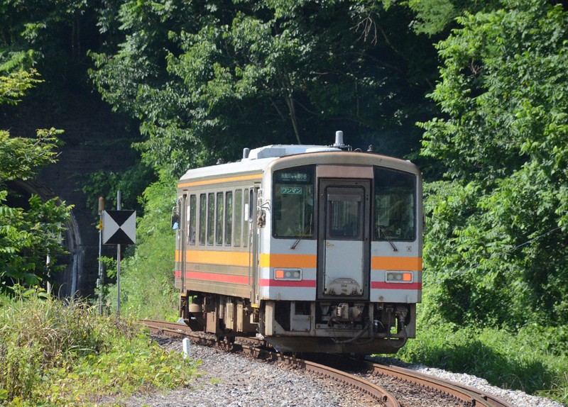 山間部を走る大糸線の列車=長野県小谷村で2025年7月12日午後2時57分、神崎修一撮影
