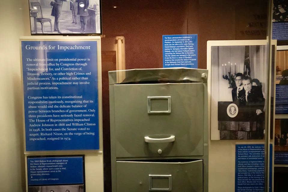 A filing cabinet that was broken into during the Watergate break-in is among the artifacts on display. - (André Chung/For The Washington Post)