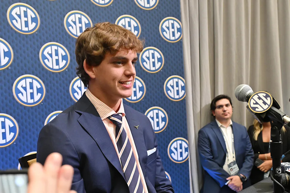 ATLANTA, GA - JULY 15: Texas Longhorns quarterback Arch Manning (16) addresses the media during SEC Football Media Days on July 15, 2025, at the College Football Hall of Fame in Atlanta, GA. (Photo by Jeffrey Vest/Icon Sportswire via Getty Images)